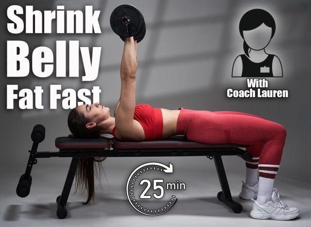 Athletic young fitness model woman in red gym outfit doing chest workout with dumbbells on incline bench. 5 Classic Exercises That Melt Belly Fat Faster Than Cardio After 50. Cover