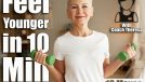 Portrait of happy healthy athletic elderly woman in white mockup t-shirt with copy space for your advertising content exercising at home with green dumbell, training hand and back muscles. This 10-Minute Standing Routine Reverses Aging Better Than an Hour of Cardio After 50. Cover