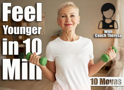 Portrait of happy healthy athletic elderly woman in white mockup t-shirt with copy space for your advertising content exercising at home with green dumbell, training hand and back muscles. This 10-Minute Standing Routine Reverses Aging Better Than an Hour of Cardio After 50. Cover