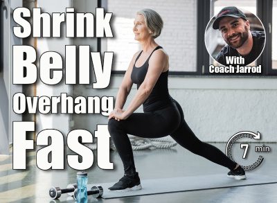 full length of cheerful senior woman in sportswear doing lunges on fitness mat. This 7-Minute Morning Routine Melts Belly Overhang Better Than Running After 50. Cover