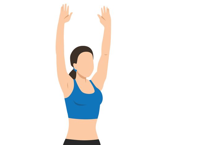 Woman doing double arm side or lateral raises to overhead extension exercise. Flat vector illustration isolated on white background