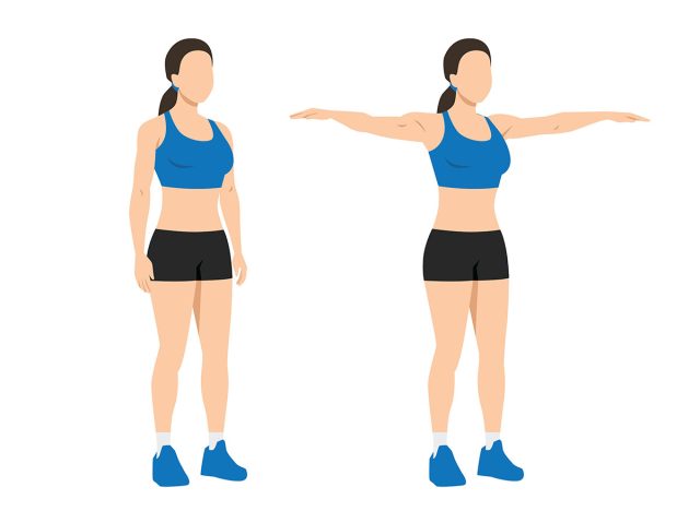 Woman doing double arm side or lateral raises to overhead extension exercise. Flat vector illustration isolated on white background