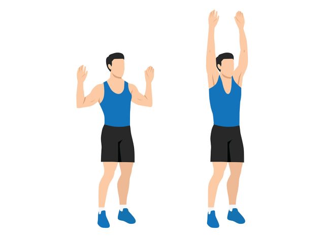 Man doing bodyweight military press. Overhead shoulder press exercise. Flat vector illustration isolated on white background