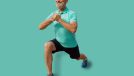 Senior man doing lunges physical exercises at sport field outdoors