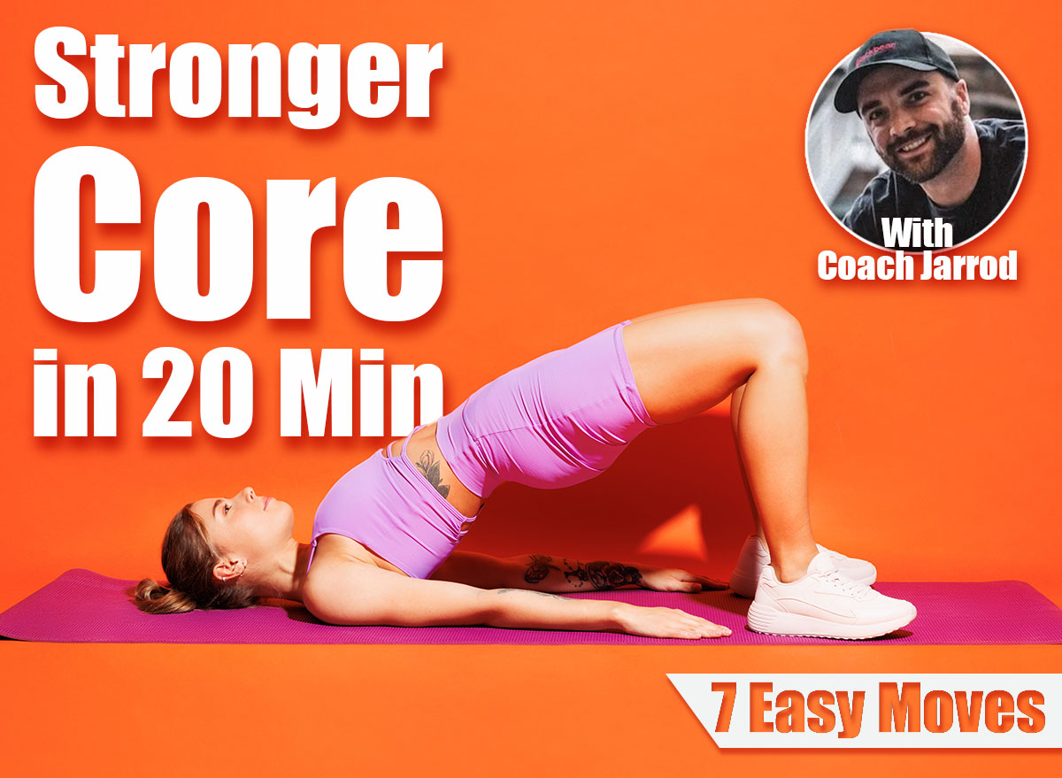 Full body young fitness woman wears top shorts purple clothes in home gym train do abdominal abs exercises at floor, do half bridge pose isolated on plain orange background. Workout sport fit concept. The Daily Yoga Flow That Tightens and Strengthens Your Core. Cover