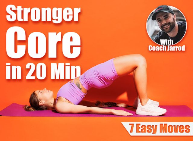 Full body young fitness woman wears top shorts purple clothes in home gym train do abdominal abs exercises at floor, do half bridge pose isolated on plain orange background. Workout sport fit concept. The Daily Yoga Flow That Tightens and Strengthens Your Core. Cover