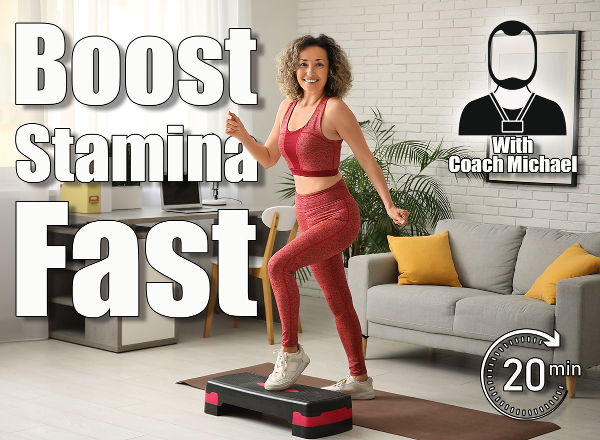 Happy mature sporty woman training with stepper at home. 4 Most Effective Exercises To Increase Your Stamina After 50. Cover