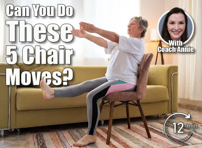 Senior caucasian woman doing yoga at home on chair. 5 Chair Exercises That Build Strength After 50 Without CrossFit or a Gym. Cover