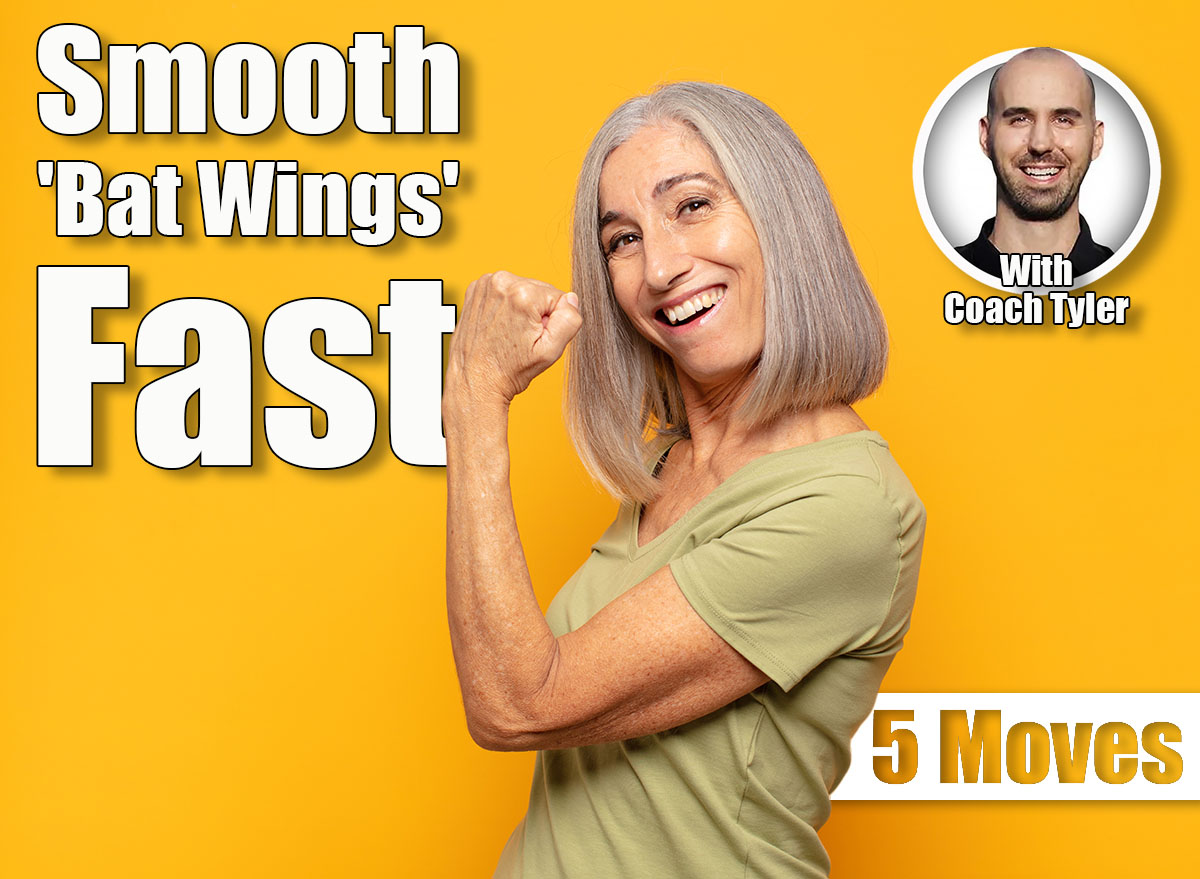 middle age woman feeling happy, satisfied and powerful, flexing fit and muscular biceps, looking strong after the gym. 5 Arm-Firming Exercises That Smooth Bat Wings in 30 Days After 50. Cover