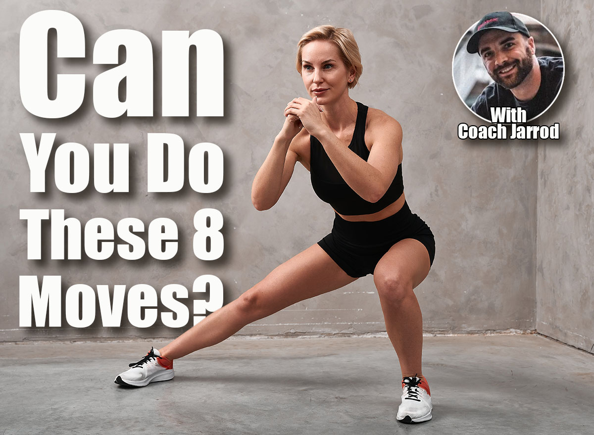The girl coach performs a side lunge. Tanned sports girl in a black suit is training in a yoga class in a fitness studio, white room, morning workout, warm-up. If You Can Do These 8 Simple Bodyweight Moves, Your Fitness Age Is 20 Years Younger. Cover