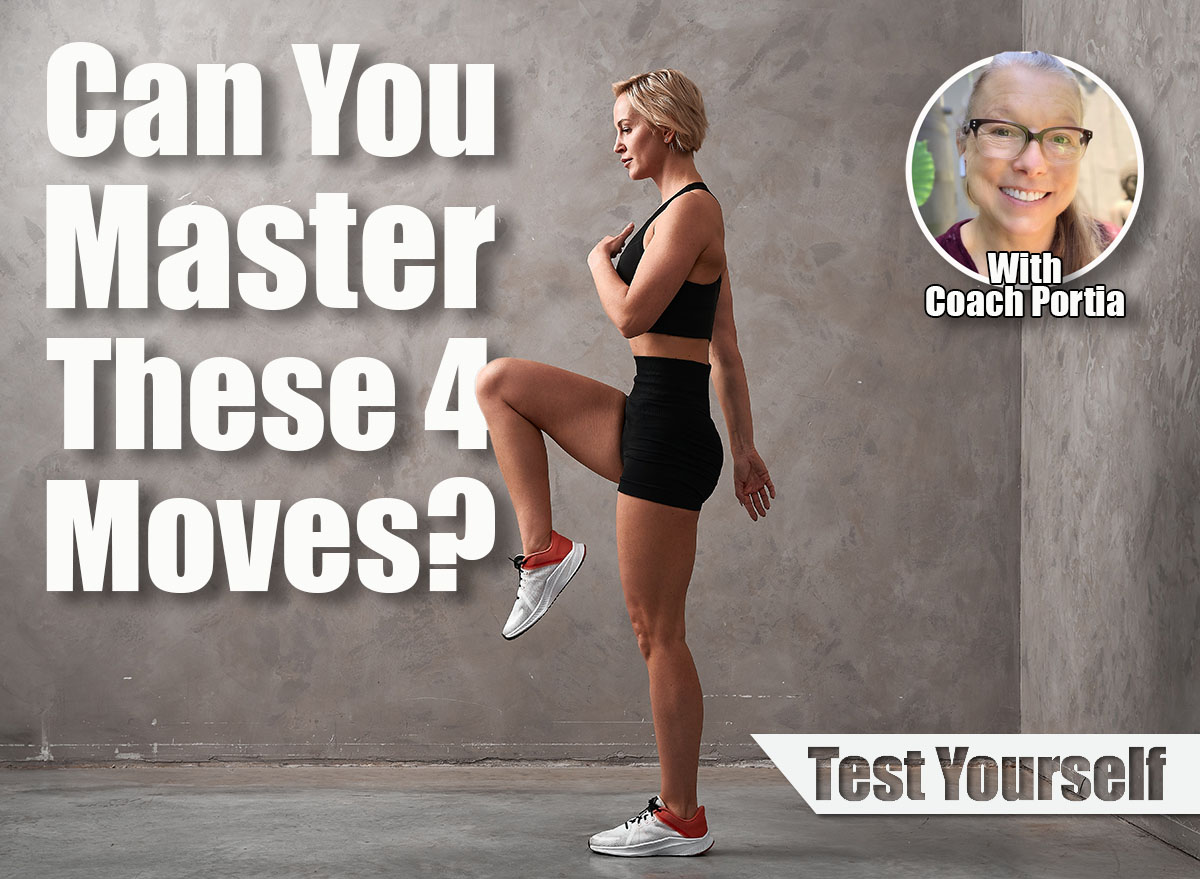 Female trainer standing performs the exercise of the concept of the leg bent at the knee. A girl in black shorts and top performs athletic exercises, drawing attention to the sport. If You Can Master These 4 Moves After 50, You're Stronger Than Most. Cover