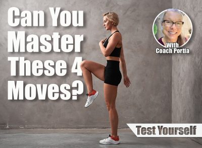 Female trainer standing performs the exercise of the concept of the leg bent at the knee. A girl in black shorts and top performs athletic exercises, drawing attention to the sport. If You Can Master These 4 Moves After 50, You're Stronger Than Most. Cover