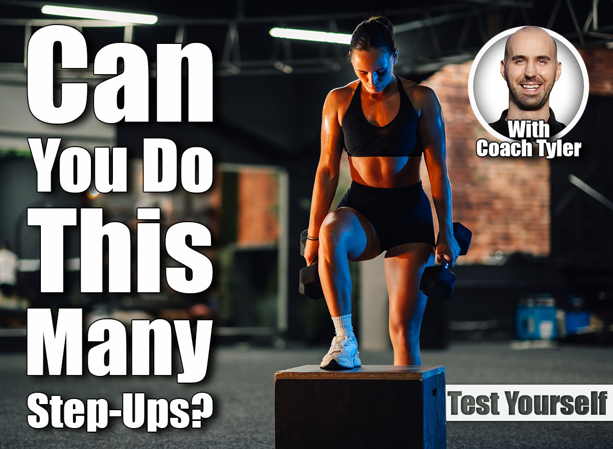 Young sportswoman lifting dumbbells while stepping up on a box at the gym. She is focused on her workout and determined to achieve her fitness goals. If You Can Do This Many Step-Ups in 60 Seconds After 50, Your Cardio Is Top-Tier. Cover
