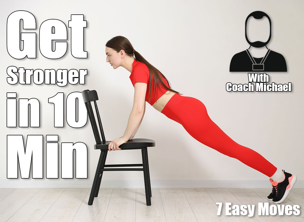 Beautiful woman exercising with chair at home. The 10-Minute Chair Workout That Builds Total-Body Strength After 50. Cover