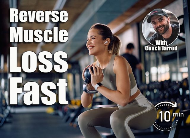 Happy female athlete doing squats while having weight training in a gym. Copy space. This 10-Minute Strength Routine Reverses Muscle Loss Faster Than Weight Training After 40. Cover