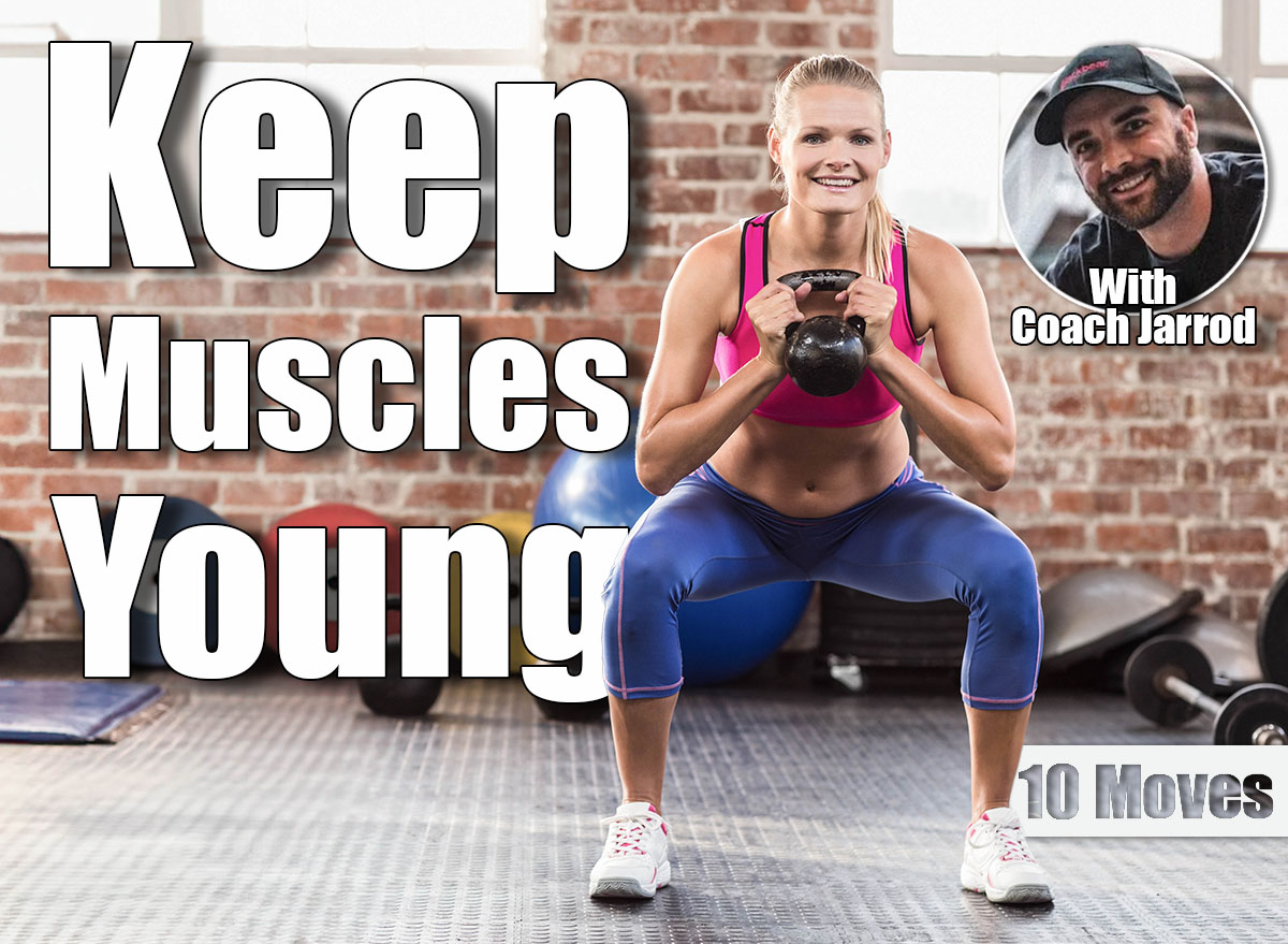 Woman holding kettlebell at chest while squatting in fitness studio with colored weight plates. Gym, fitness, strength, workout, training, exercise, wellness. The 10 Best Exercises To Slow Muscle Aging. Cover