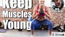 Woman holding kettlebell at chest while squatting in fitness studio with colored weight plates. Gym, fitness, strength, workout, training, exercise, wellness. The 10 Best Exercises To Slow Muscle Aging. Cover