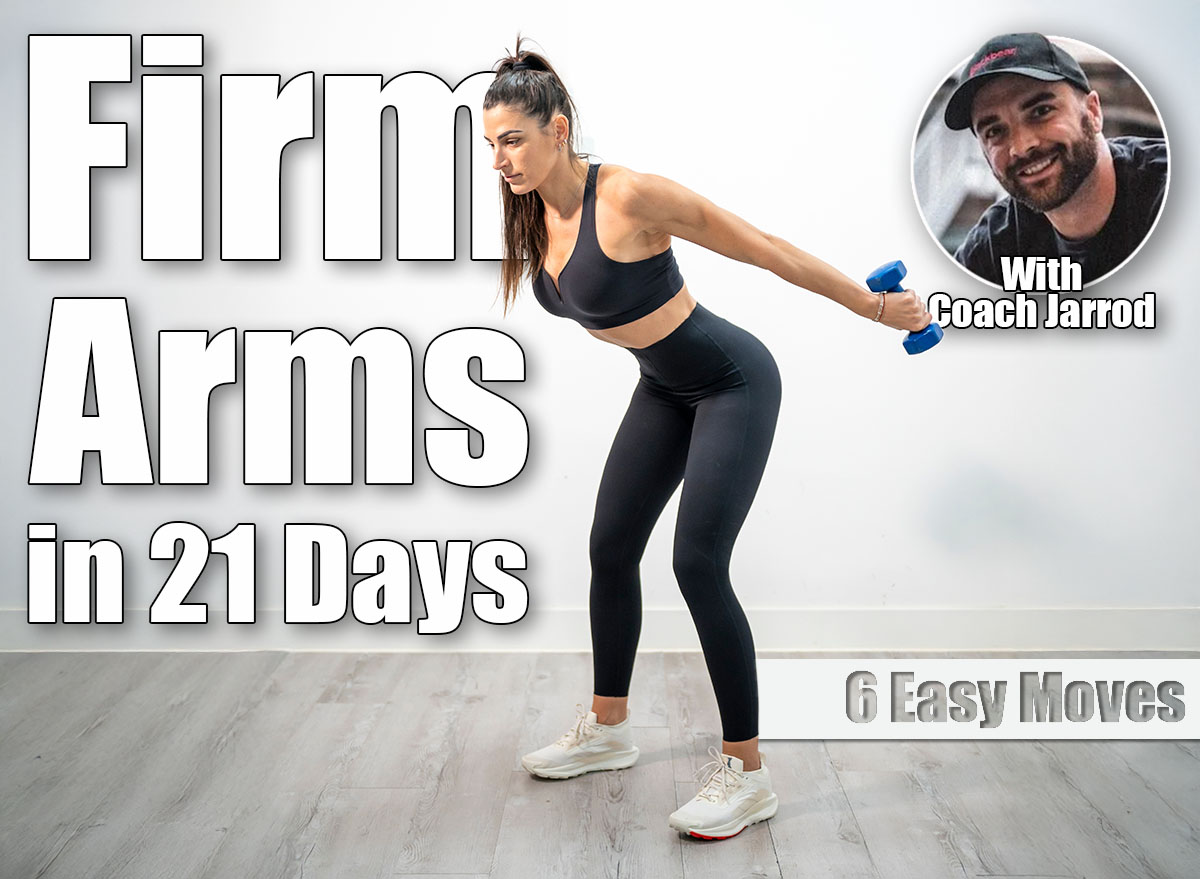 Woman doing tricep kickbacks using dumbbells with arms extended backward and leaning forward. 6 Standing Triceps Exercises That Smooth Bat Wings in 21 Days After 50. Cover