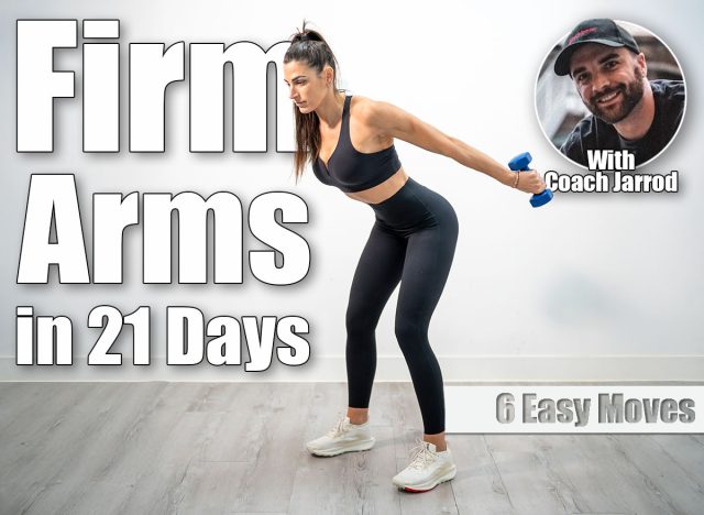 Woman doing tricep kickbacks using dumbbells with arms extended backward and leaning forward. 6 Standing Triceps Exercises That Smooth Bat Wings in 21 Days After 50. Cover