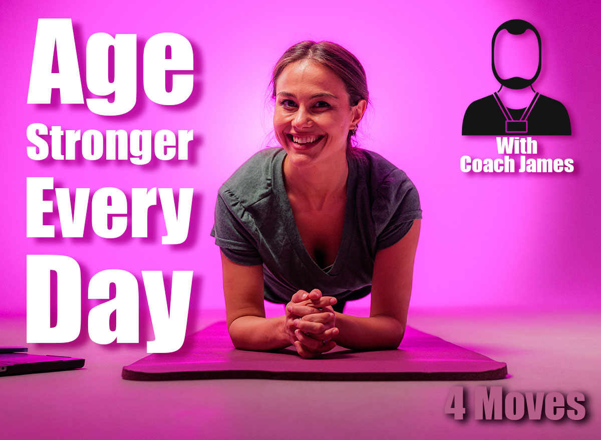 Smiling woman engaging in a plank exercise while following an online fitness class on her laptop, surrounded by a vibrant pink neon room, embodying a healthy and active lifestyle. 4 Daily Bodyweight Exercises That Help You Live Longer After 45. Cover