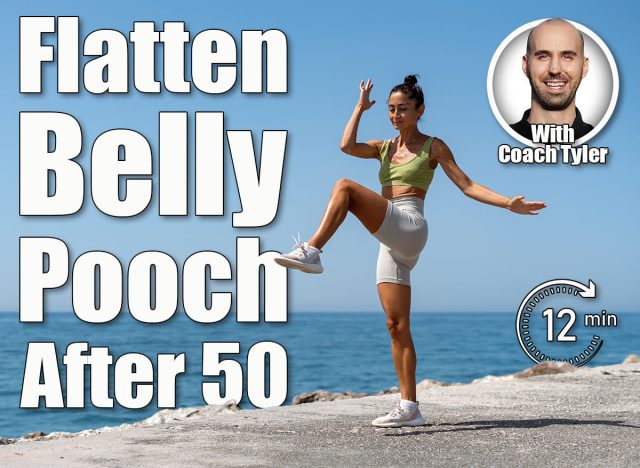 Fit Girl High Knee Exercise by the Sea. 12-Minute Standing Ab Routine That Shrinks Belly Pooch After 50. Cover