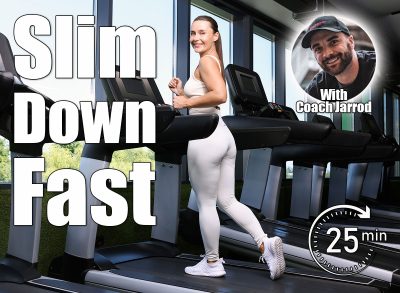 Smiling woman training on treadmill in gym, low angle view. The 25-Minute Daily Walking Workout To Slim Down Fast. Cover