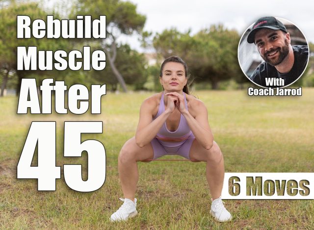 Woman exercising outdoors doing squats with resistance band. 6 Daily Standing Moves That Rebuild Lost Muscle Better Than Weights After 45. Cover