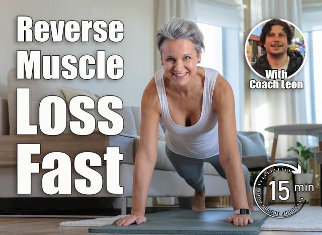 A mature woman of age with gray hair smiles, does the plank exercise. A senior with an athletic body. These 5 Daily Bodyweight Moves Reverse Muscle Loss Faster After 45. Cover