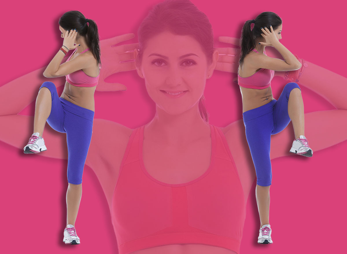 Cross knees to elbows. Step by step instructions.