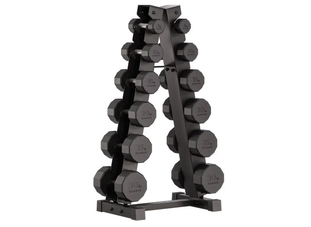 Centr 12-sided 210 lb. Rubber Dumbbell Set with Rack and 1-year Centr Membership