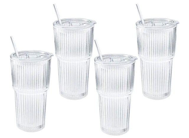 Mesa Ribbed 20 oz. Glass Cups with Lids and Straw