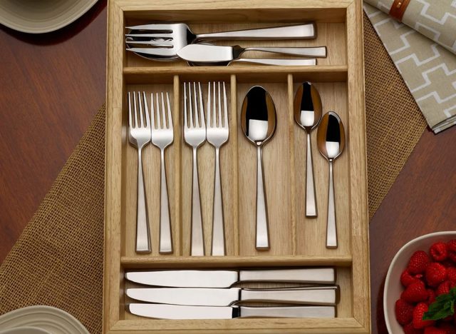 Mikasa Essex Satin 65-Piece Stainless Steel Flatware Set with Wood Caddy