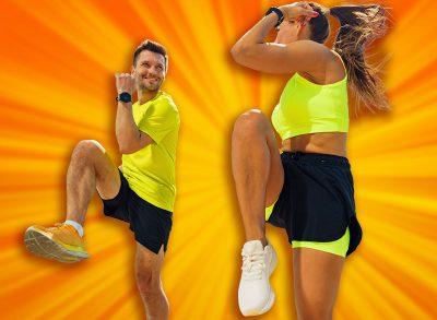 Motivation for sports cardio training people a man and a woman in sportswear. Two joggers in bright athletic wear performing high knees by the waterfront, smiling and enjoying the sunny day.