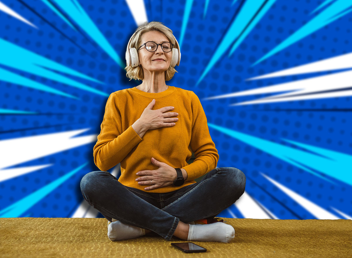 Mature blonde woman practice guided meditation manifestation at home