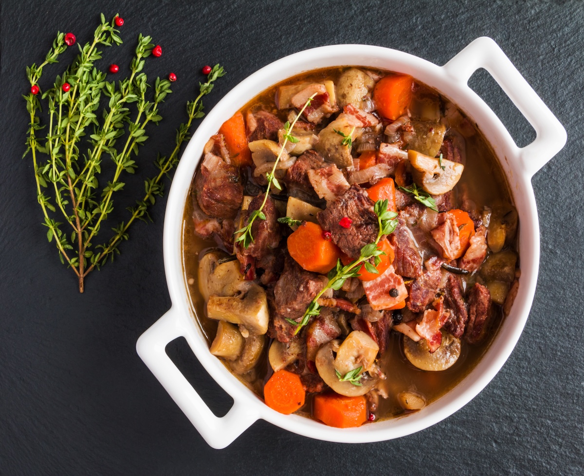 Beef,Bourguignon,In,A,Casserole,On,Black,Stone.,Stewed,With