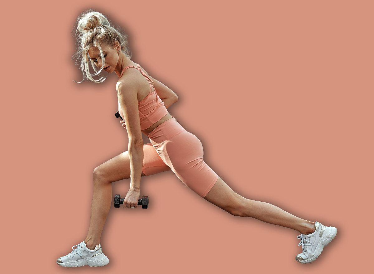 Fitness woman doing exercise outdoor with dumbbells. Young sexy sporty girl doing one arm row.