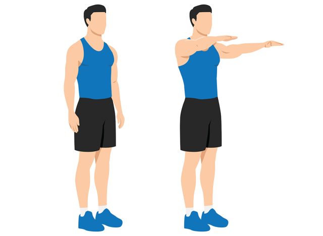 Man doing double arm front raises exercise. Flat vector illustration isolated on white background