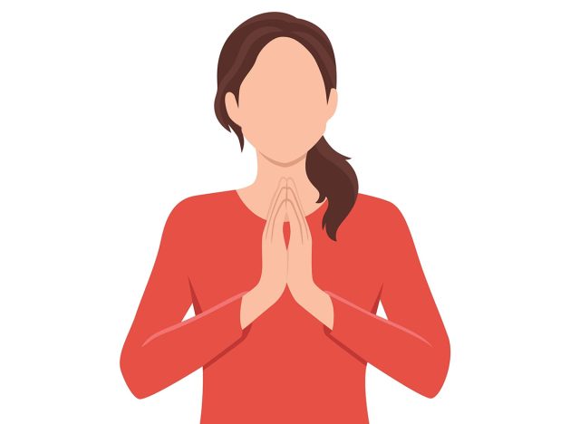 Palm Presses, Woman praying.Beautiful woman meditates. Zen and relaxation. Flat vector illustration isolated on white background