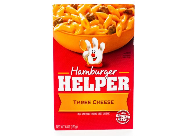 Box of Hamburger Helper Three Cheese, Just add hamburger to complete the meal.