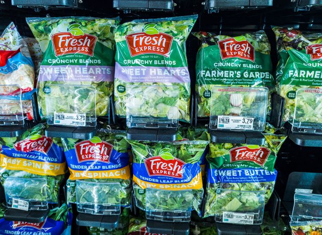 Fresh Express Bagged Salad Mix Products Displayed On Refrigerated Grocery Store Produce Shelf