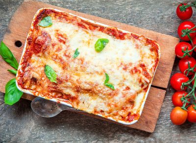 Italian classic dish lasagna with tomato sause and chicken