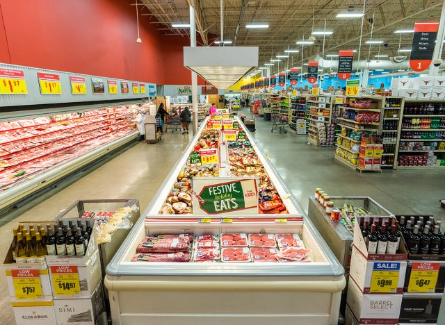 An HEB meat market department sells beef, chicken, and pork products prepared by professional butchers in a grocery store in Austin, Texas.