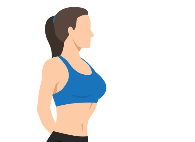 Woman doing Seated in self. Athlete do lotus position. Full lotus. Sitting pose. Asana in yoga. Breath holding. Sunken abdomen.