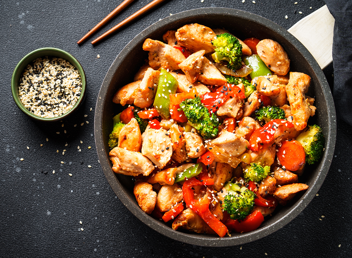 Chicken stir fry with vegetables and sesame