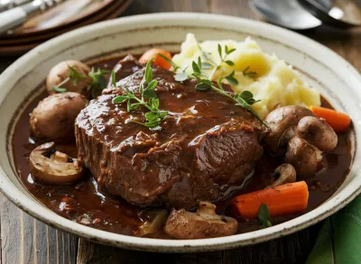 Beef Bourguignon: A slow-cooked beef stew braised in red Burgundy wine with onions, mushrooms, carrots, and aromatic herbs, creating a rich and hearty flavor.
