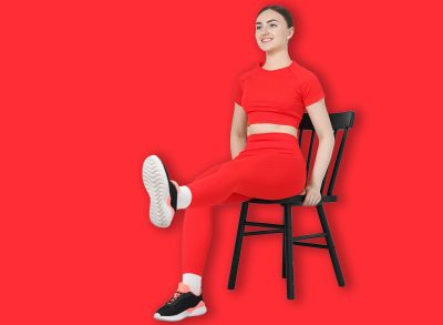 Beautiful woman stretching on chair at home, space for text