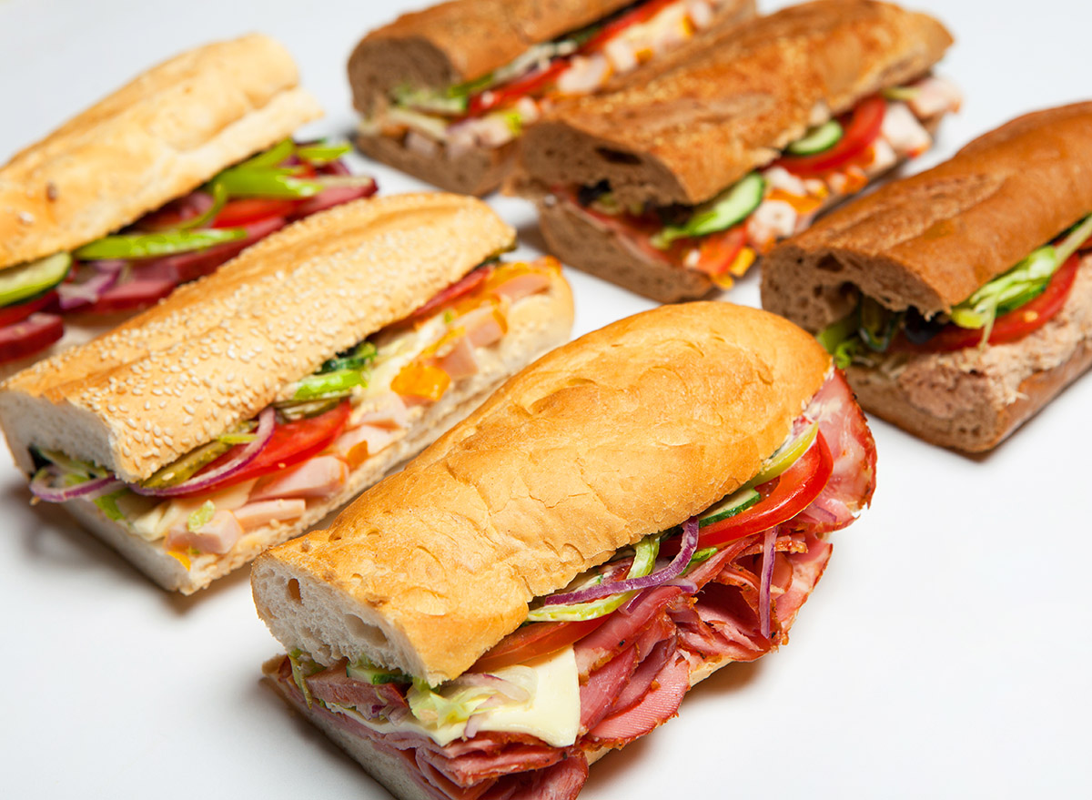 Six fresh sandwiches.Assorted delicious baguette sandwiches