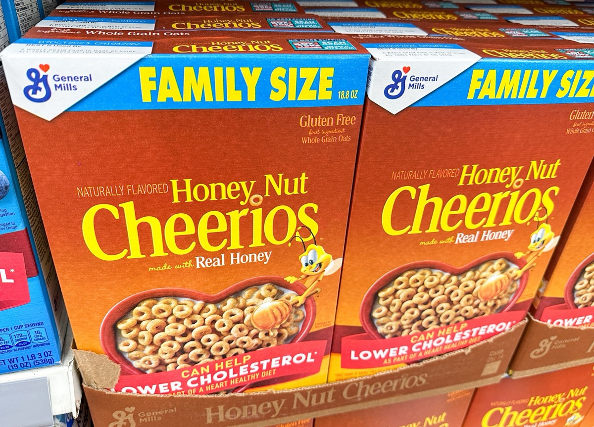 San Jose, CA - October 21, 2022: Closeup of large boxes of General Mills Honey Nut Cheerios.