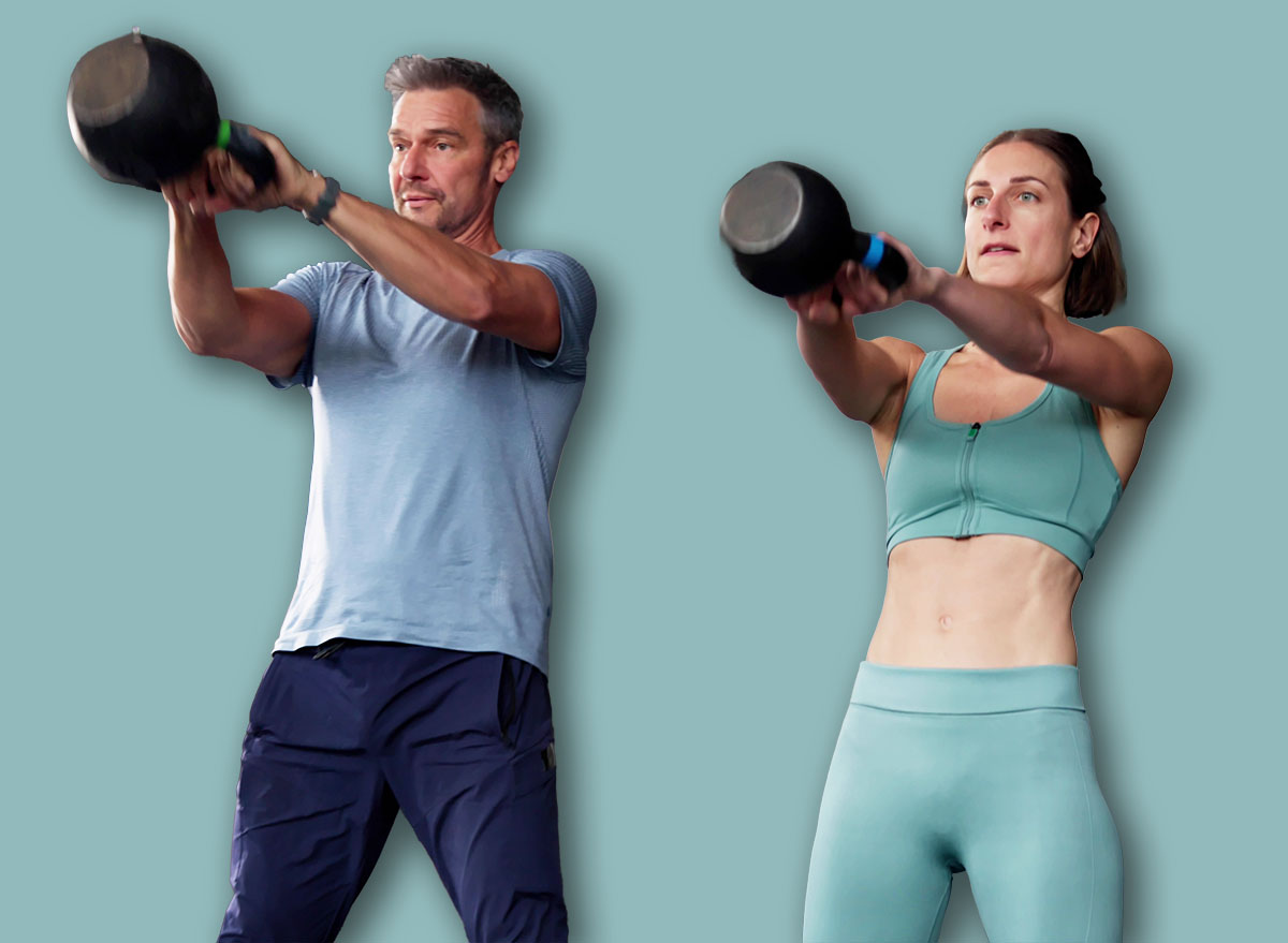 Sport Workout In Gym. Kettlebell Swing. Bodybuilder Athlete Lifting Exercise.