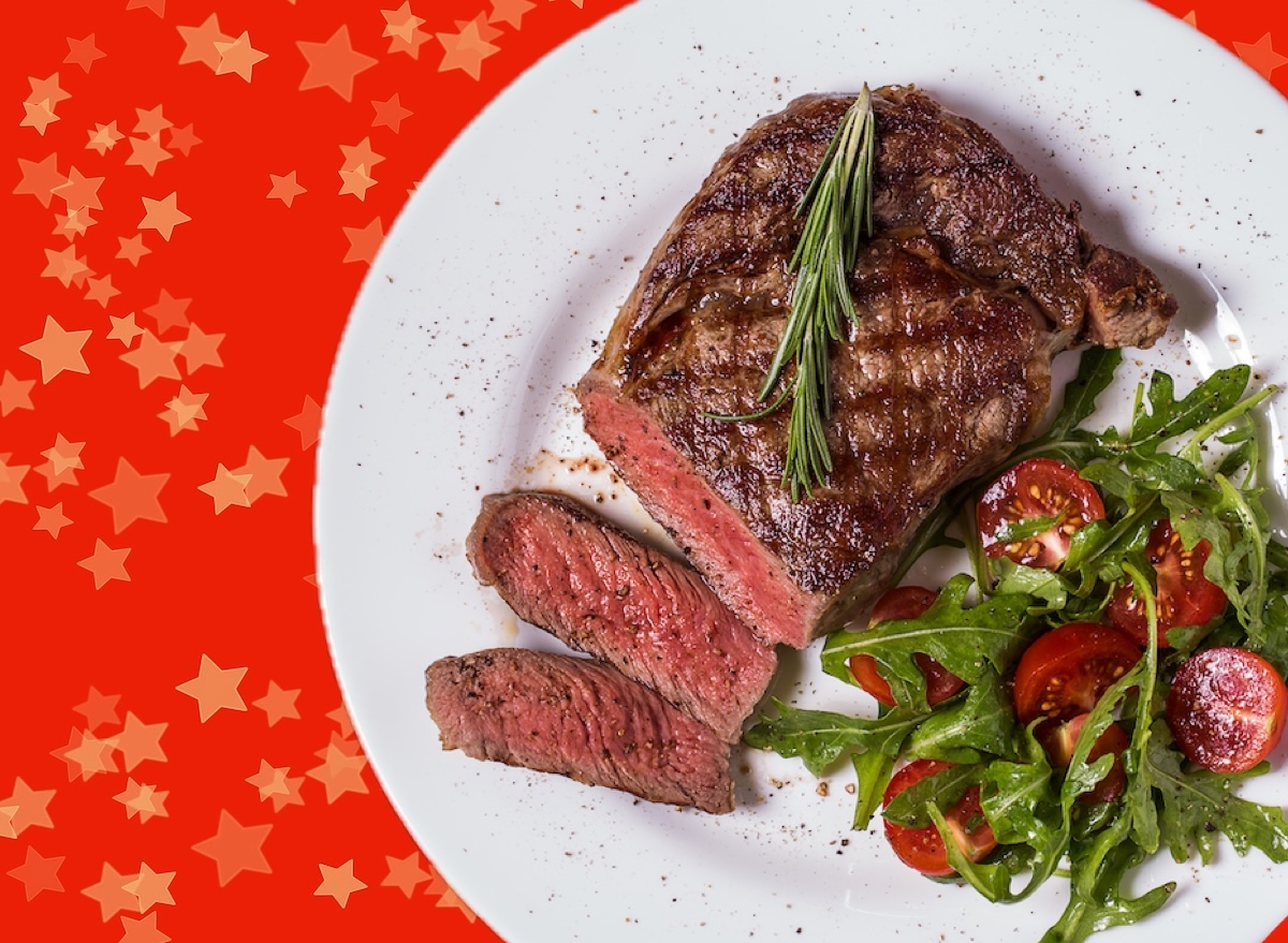Ribeye steak steakhouse portions red background gold stars